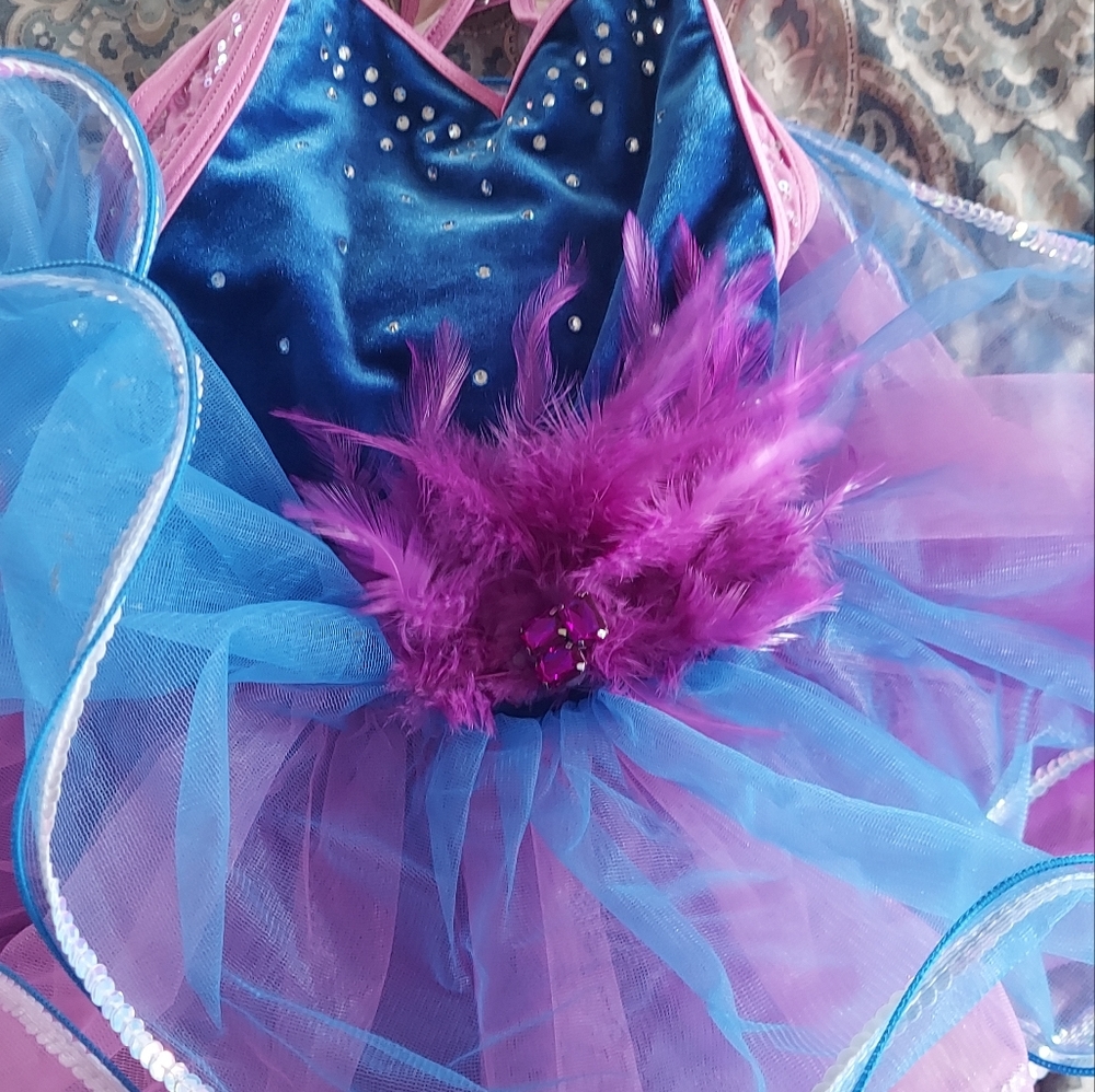 Size 6 girls feather dance costume pink.purple blue